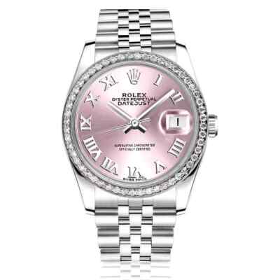 Rolex Datejust 36 mm Pink Roman Dial Stainless Steel Watch Diamond