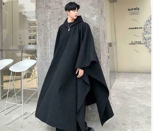 Men Fashion Hooded Wool Blend Black Pullover Oversize Cloak Cape Coat Ourwear - Bild 7 von 13