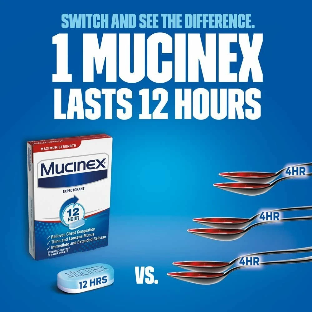 Mucinex Chest Congestion Maximum Strength 12 Hour Extended Release Tablets Relieves Chest Congestion Caused by Excess Mucus(OTC expectorant), 1200mg