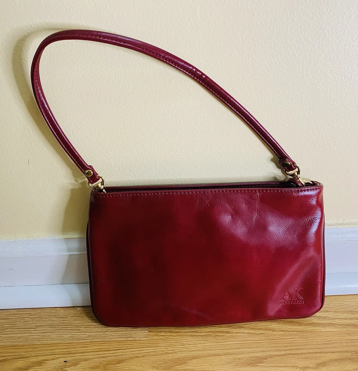 Vintage ANNE KLEIN CALDERON Red Soft Leather Clutch Purse Handbag Strap