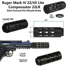 Black Slant Forward Port Ruger Mark IV 22/45 Lite Muzzle Brake Compensator 22LR