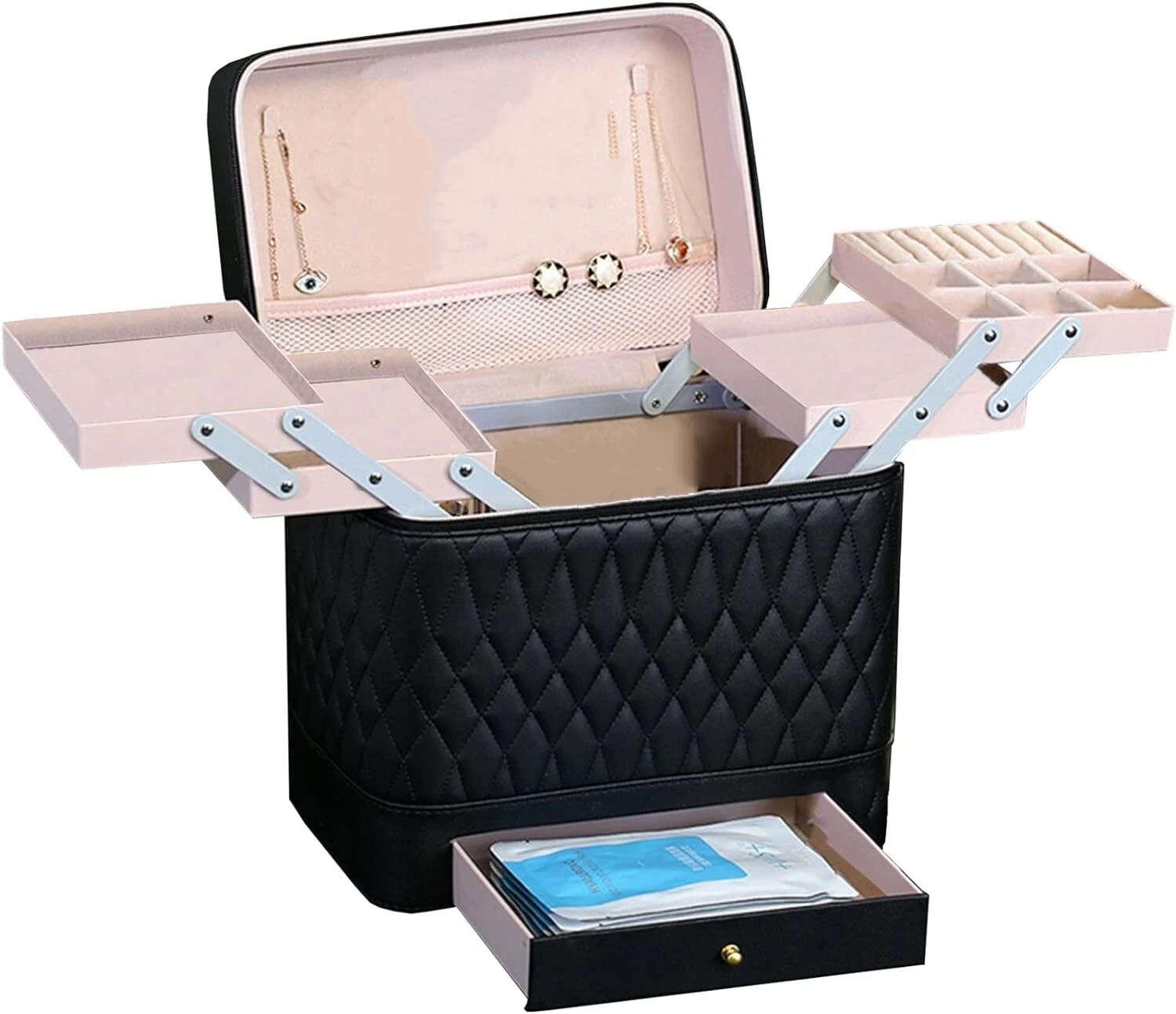 Foldable Tray Makeup Cosmetic Case with Mirror, 4 Layer Portable Toiletry Box