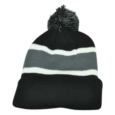 Plain Blank Striped Cuffed Beanie Pom Pom Knit Skully Toque Navy Blue Grey Hat 