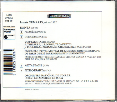 IANNIS XENAKIS Eonota/Simonovic CD [LECHANT DU MONDE LDC 278368