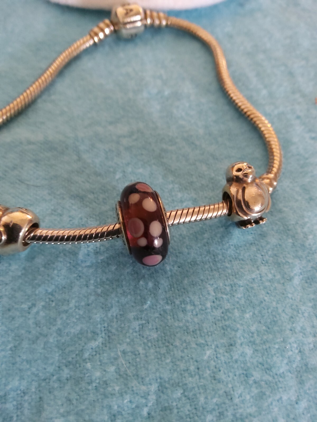 Pandora Sterling Silver bracelet w/ 3 ss charms pre owned