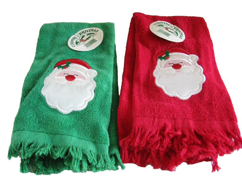 NWT 2pc Country Christmas 100% cotton multicolor Santa hand towels