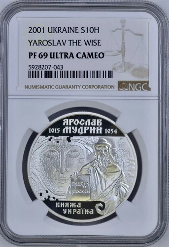 Ukraine Silver Coin 2001 "Yaroslav The Wise" 10 Hryvna NGC PF69