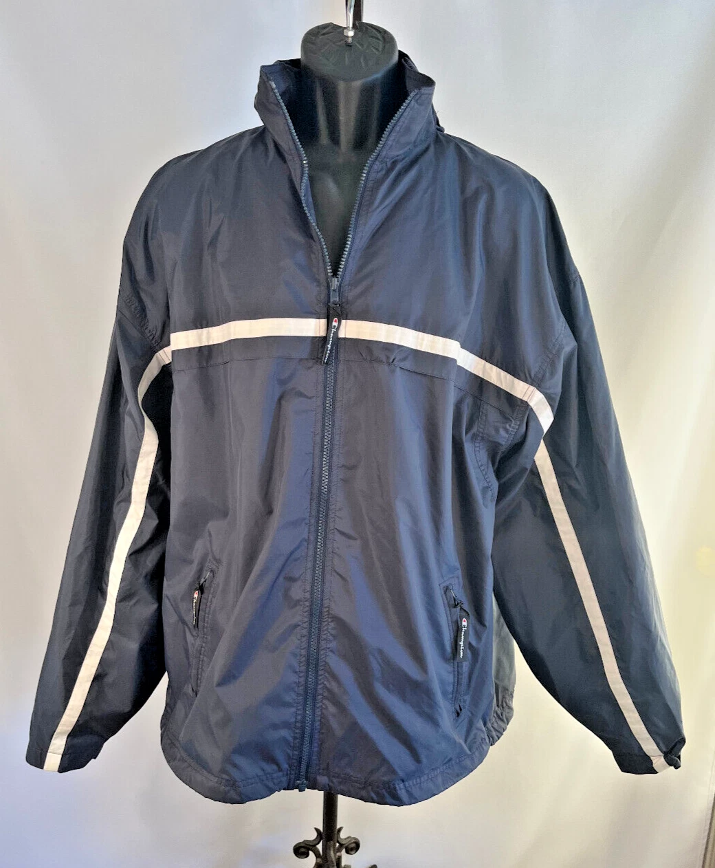 Mens Retro Champion Packable Full Zip Hooded Windbreaker Track Jacket Stripes XL