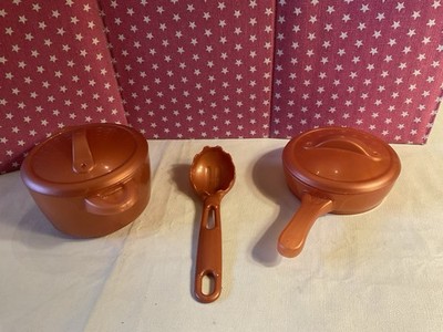 VTG STEP 2 PLAY KITCHEN REPLACEMENT COPPER POT & PAN W/LIDS, UTENSIL, CHILD SIZE