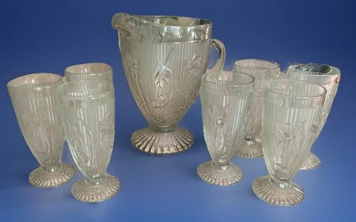 Vintage Jeanette Iris 56 oz Pitcher & Set of 7~ 12 oz Footed Glasses Smooth Stem