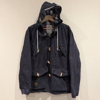 Under Two Flags Herren marineblau Duffelcoat umschaltbare Kapuze Jacke kariertes Futter Large UK