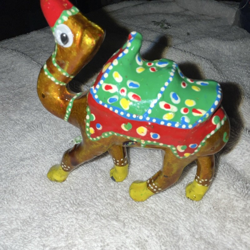 Hand Painted Metal Camel Figurine Gold Red Green Collectible Decor