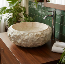 Kinaree Handcrafted Round Marble Stone Countertop Wash Basin, Beige, Polished