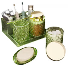 5-Piece Glass Bathroom Accessories Set in Green, Foaming Soap Dispenser, Soap Di