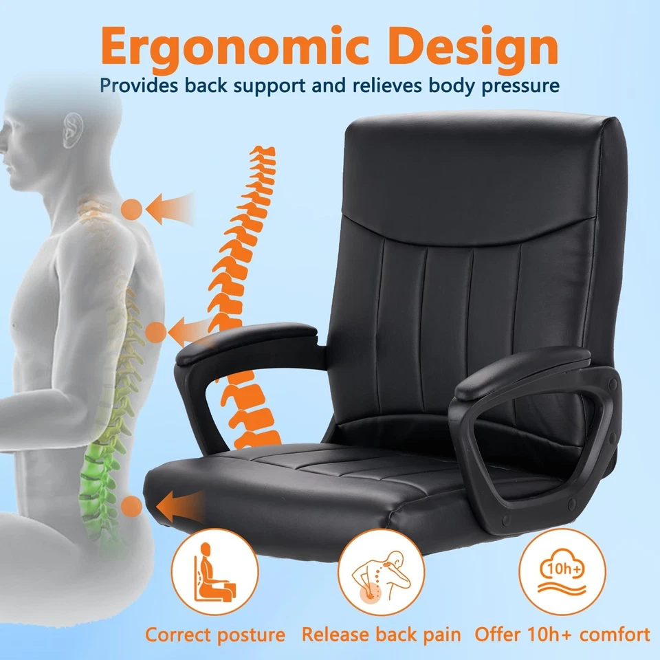 Mid Back Leather Office Executive Chair Lumbar Support Padded Black White Swivel - Image 2 of 4