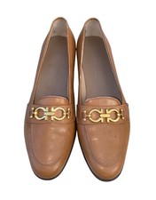 Salvatore Ferragamo Women's 7B Brown Leather Heel Loafers Gold-tone Gancini Logo