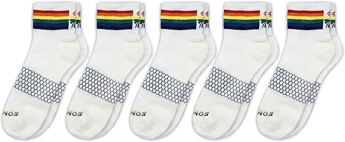 BOMBAS Women’s Pride Quarter Socks 5-Pack, White Rainbow Bee Proud Collection, M