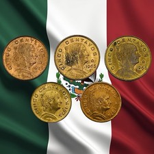 Lot of 5 Mexico 5 Centavo Coins - 1950s, 1960s & 1970s Dates - Combined Ship