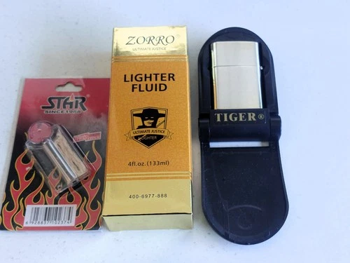 Tiger Silver Oil Lighter With Accessories collectable with kit flints wick Fluid - Picture 1 of 5