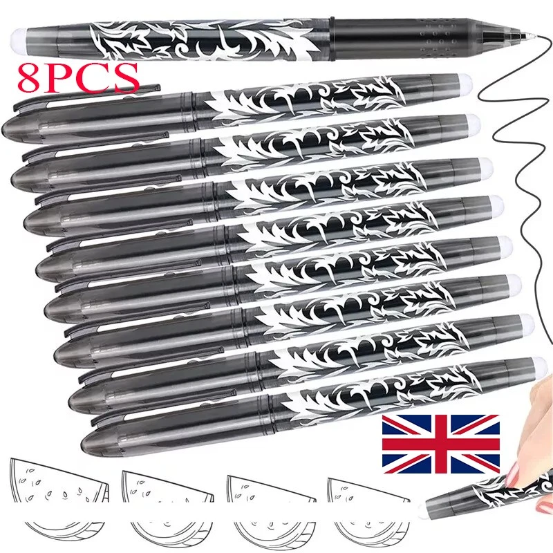 8X Black Erasable Pens Rub Out Pens Ink Eraser Pen with Rubber Erasable Gel Pens