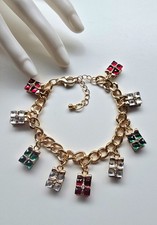 Gold Tone Christmas Bracelet With Rhinestone Boxed Gifts Presents Charms Adjust 