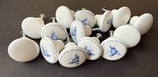 Lot 14 Vintage Ceramic Cabinet DRAWER PULLS Knobs BLUE Floral Flowers WHITE