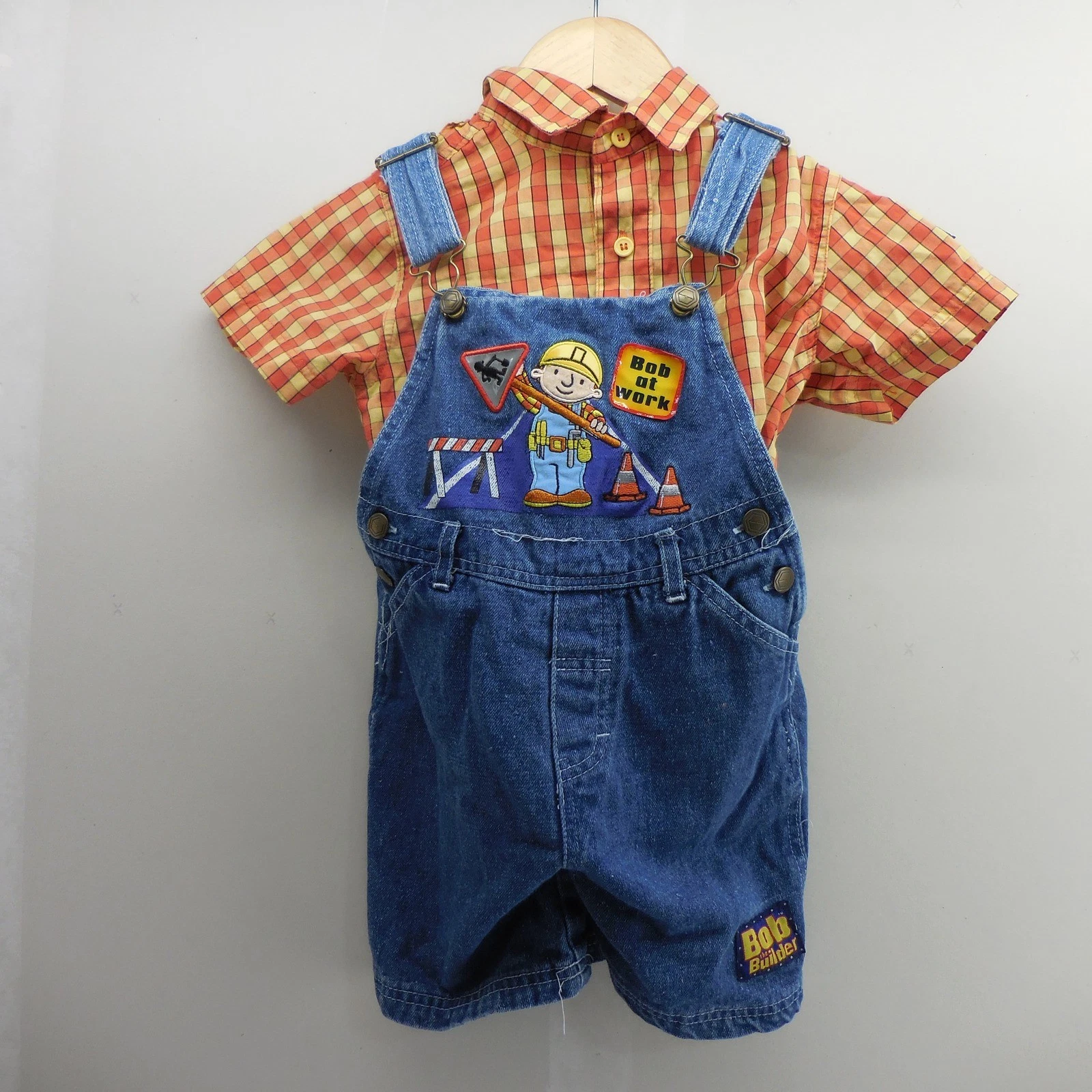 VTG Bob the Builder Boys 3T Denim Overalls & Plaid Shirt 2 Piece Set Blue Orange