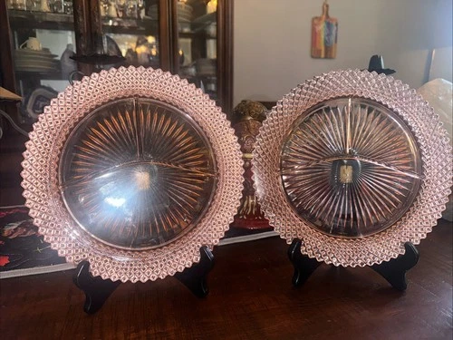 2 VTG ANCHOR HOCKING MISS AMERICA PINK DEPRESSION GLASS DIVIDED GRILL PLATEs 10"