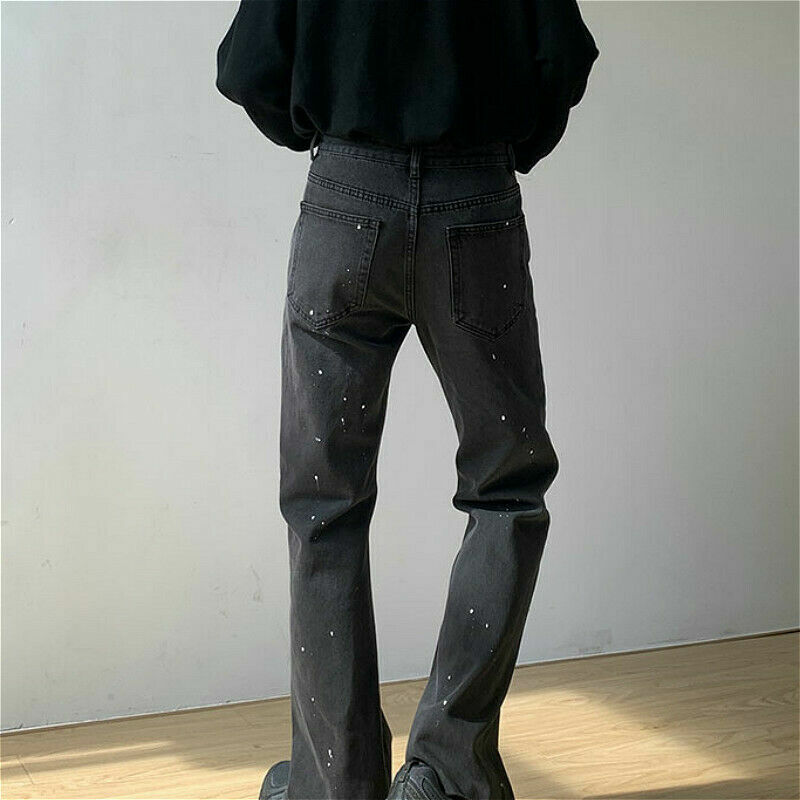 Men Bell Bottom Jeans Irregular Trouser Retro Black Slim Long Flared ...