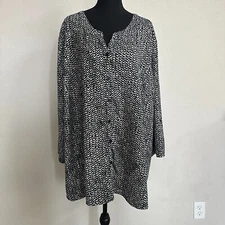 Catherines Top 4X Plus Button Up Office Geometric Roll Tab Sleeve Black Casual