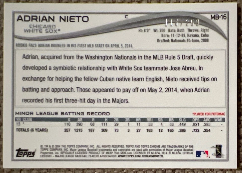 Adrian Nieto 2024 Topps Chrome Update Gold Refractor RC #’D /250 White Sox ESE - Image 2 of 2