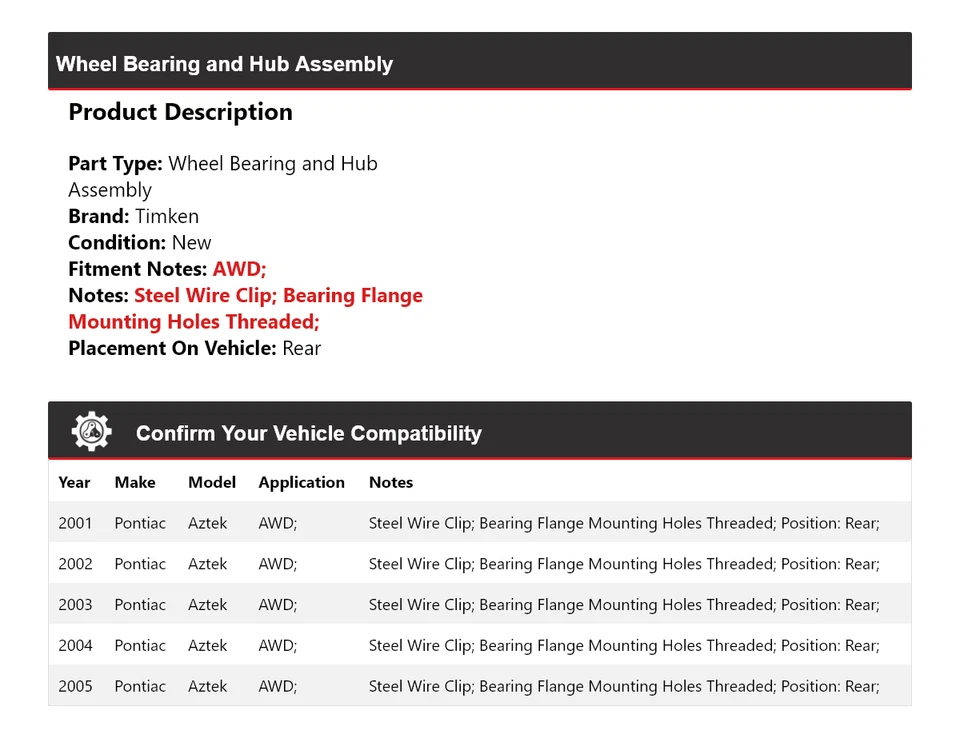 Conjunto de cojinete de rueda y buje trasero Timken 2002 para Pontiac Aztek 2001-2005 AWD Foto 2 de 4