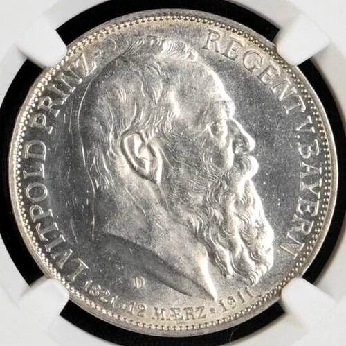 1911 D Germany Silver 3 Mark Bavaria  90Th Birthday Prince Luitpold NGC UNC