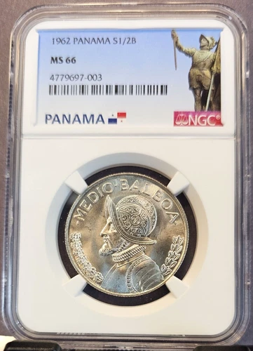 1962 PANAMA SILVER 1/2 BALBOA VASCO NUNEZ DE BALBOA NGC MS 66 BRIGHT GEM BU