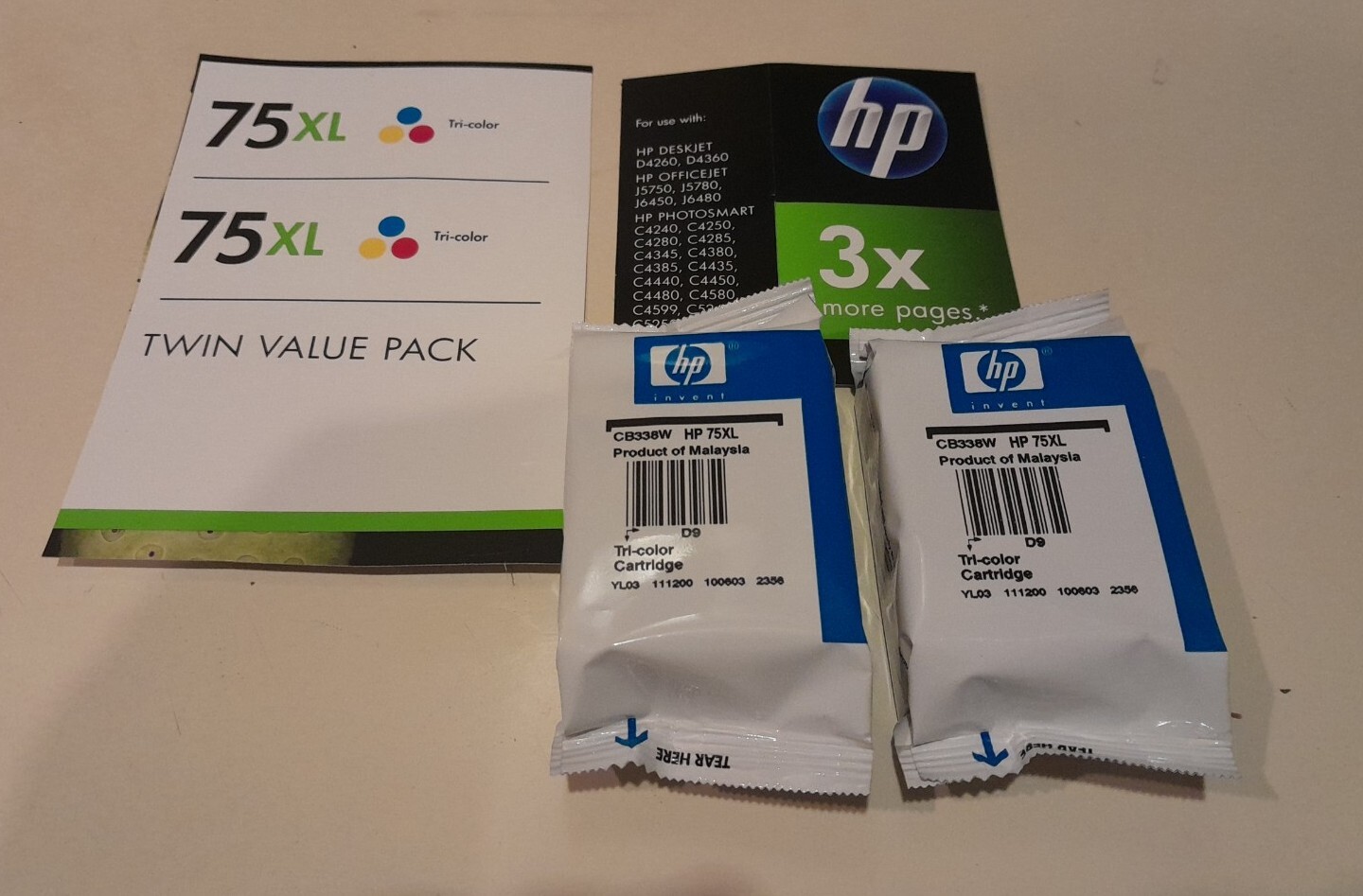HP 75XL Tri-Color Ink Cartridge Set - Cyan, Magenta, Yellow - Genuine 2-Pack-image