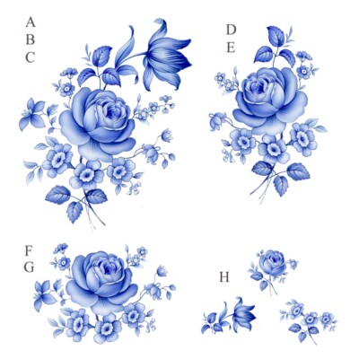 Delft Blue Rose Floral Spray Overglaze Waterslide Ceramic Decals