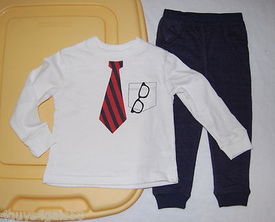 Toddler Boys L/S Outfit WHITE KNIT SHIRT Tie Glasses KNIT JEANS Mock Pkts 12 Mo