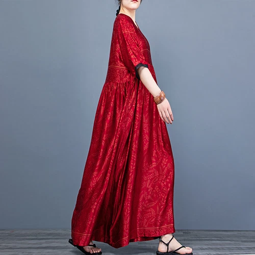 Damen schickes bedrucktes Kleid Seide V-Ausschnitt Oversize Kleid lang Maxi Morgenmantel - Bild 3 von 24
