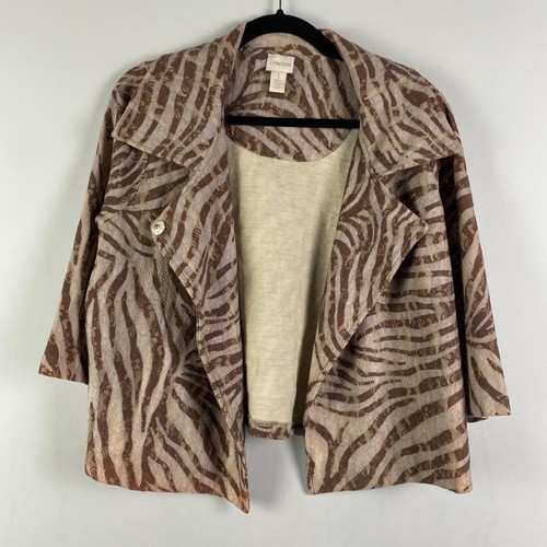 Chicos Zee Zebra Print Lace Cardigan Size 1 US Medium 3/4 Sleeves