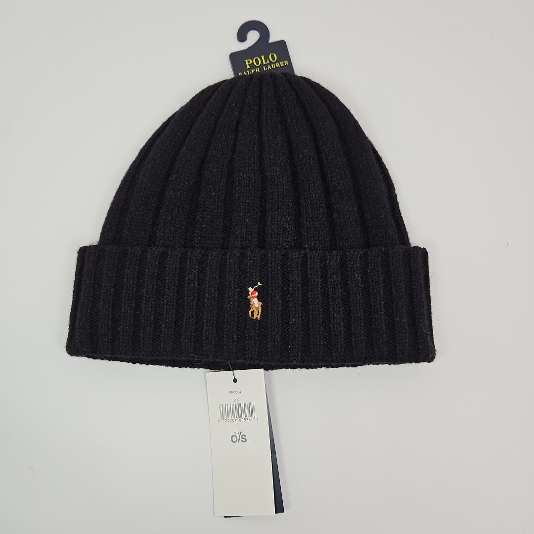 POLO RALPH LAUREN berretto nero lana merino pony rider logo a costine con polsini nuovo