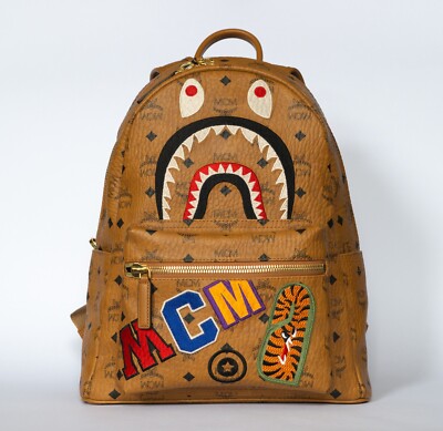 MCM x BAPE Backpack Visetos Cognac Shark Stark Rucksack Brown Beige collab NEW
