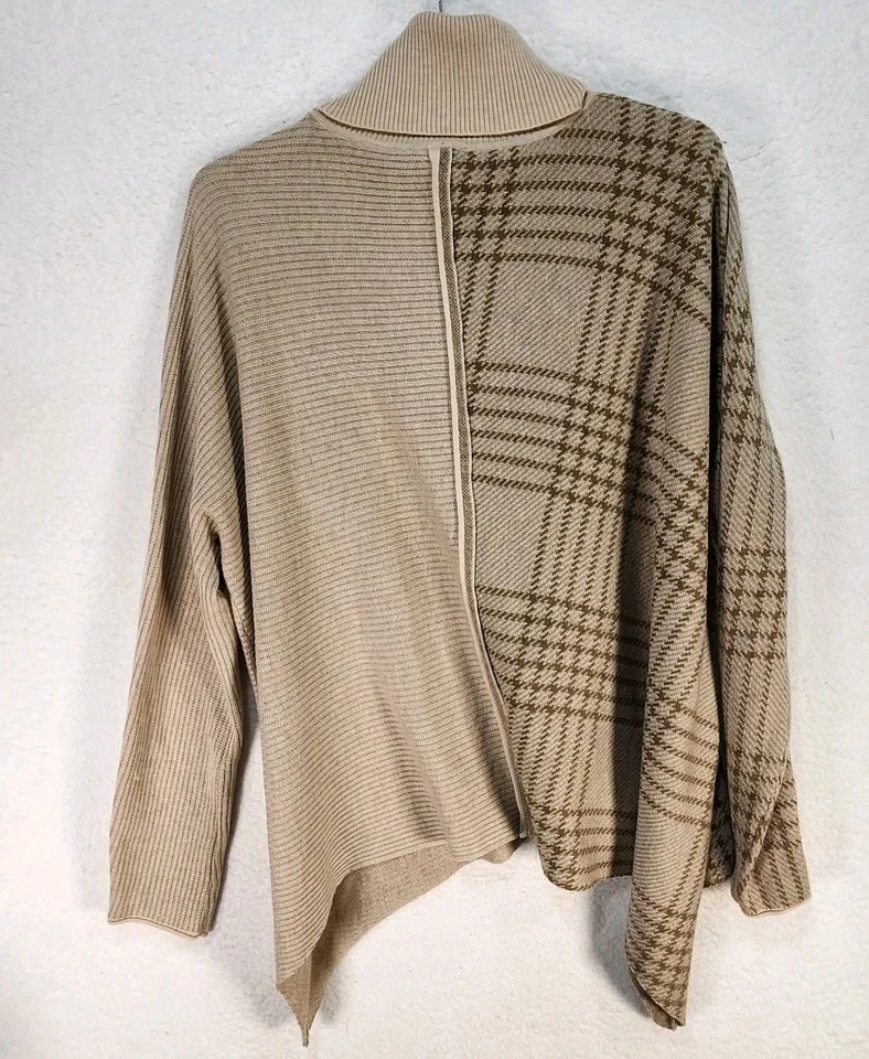 Mystree Colorblock Turtleneck Sweater Asymmetrical Tunic  Almond Large Baggy - Image 2 of 4