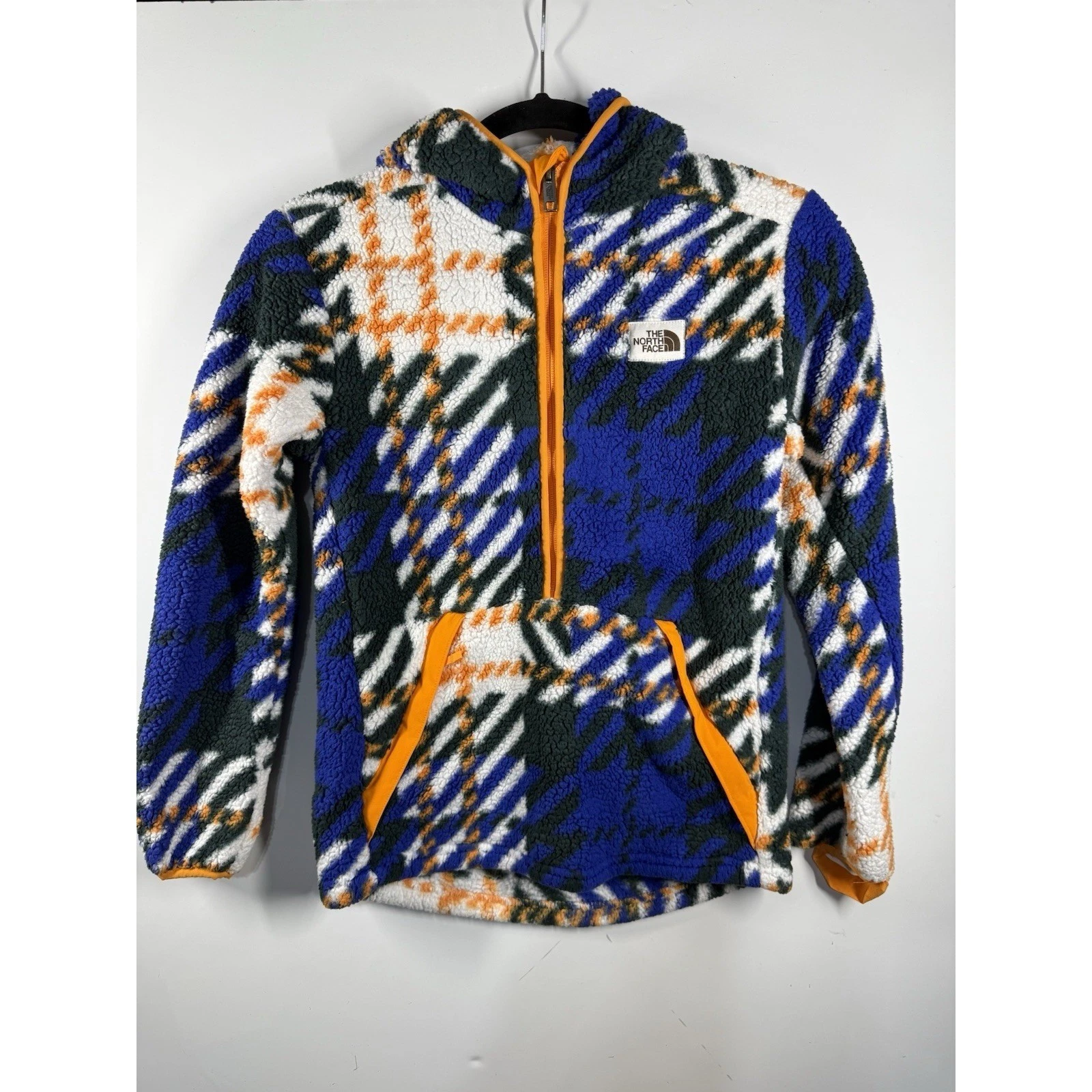 The North Face Jacket Boys 12 Large Blue White Plaid Campshire Fleece Hoodie