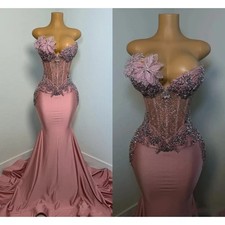 Dusty Pink Evening Dress Sparkly Crystals Embellishment Handmade Flower Gowns