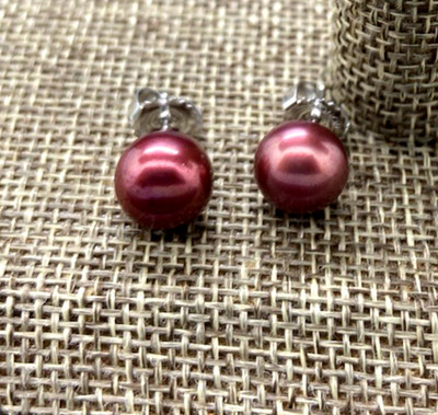 Honora STERLING SILVER COPPER RED STUD PEARL  9MM EARRINGS WITH HAPPY BACKS