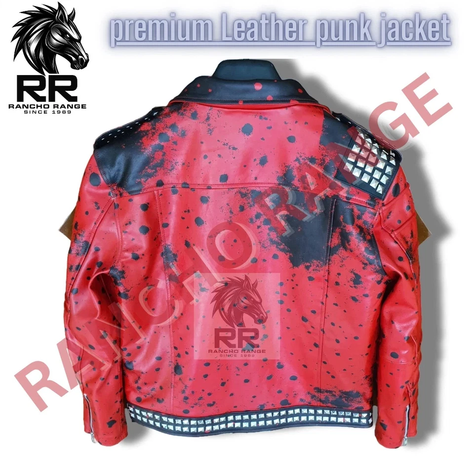 Men's Red Punk Leather Jacket with Silver Studs |Pure Leather Biker Style| 2 Mo - Image 3 of 3