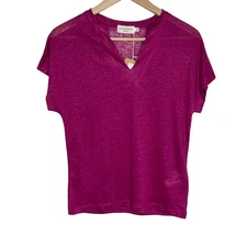 Monoprix Premium Linen Short Sleeve T Shirt Women XS Magenta V Neck Lightweight 