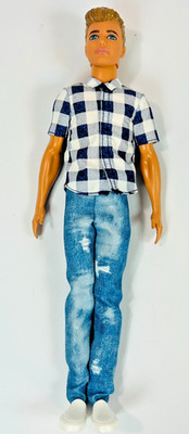 Mattel Ken Doll Blonde Blue Eyes 2016 Head Body Checkered Shirt Distressed Jeans