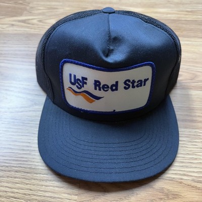 VINTAGE USF Red Star Hat Cap Snap Back Black Trucker Patch Advertising Mens 90s