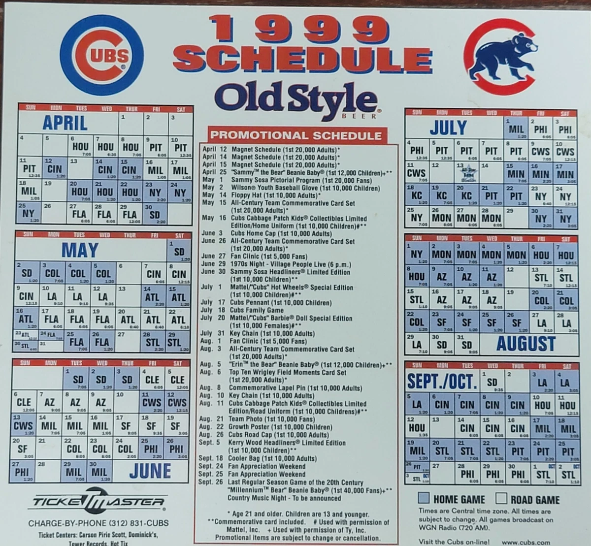 1999 Chicago Cubs Baseball Season Schedule Magnet Old Style